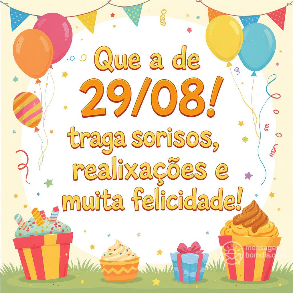 Que a  de 29/08/ traga sorrisos, realizações e muita felicidade!